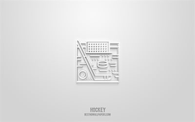 Hockey 3d icona, sfondo bianco, simboli 3d, hockey, arte 3d creativa, icone 3d, segno di hockey, icone 3d di hockey