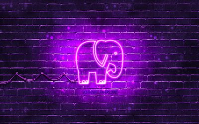 Icona al neon dell&#39;elefante, 4K, sfondo viola, simboli al neon, elefante, icone al neon, segno dell&#39;elefante, segni degli animali, icona dell&#39;elefante, icone degli animali