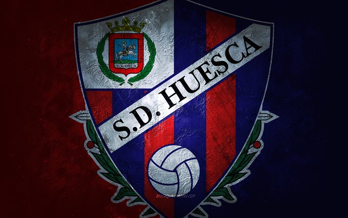 sd huesca, spanischer fu&#223;ballverein, blauer steinhintergrund, sd huesca-logo, grunge-kunst, la liga, fu&#223;ball, spanien, sd huesca-emblem