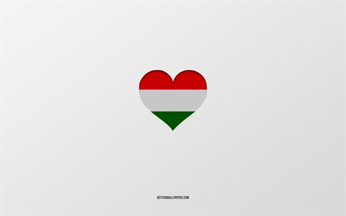 J&#39;aime la Hongrie, les pays europ&#233;ens, la Hongrie, fond gris, coeur de drapeau de la Hongrie, pays pr&#233;f&#233;r&#233;, aime la Hongrie