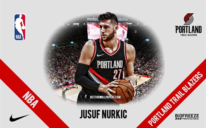 Jusuf Nurkic, Portland Trail Blazers, jugador de baloncesto bosnio, NBA, retrato, EE UU, Baloncesto, Moda Center, logotipo de Portland Trail Blazers