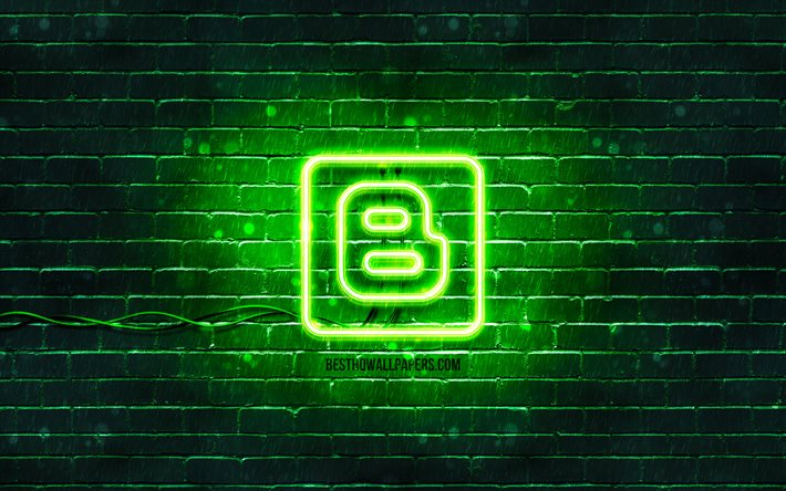 Logo verde di Blogger, 4K, muro di mattoni verde, logo di Blogger, social network, logo al neon di Blogger, Blogger