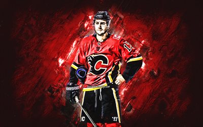 Johnny Gaudreau, Calgary Flames, NHL, amerikkalainen j&#228;&#228;kiekkoilija, punainen kivitausta, j&#228;&#228;kiekko