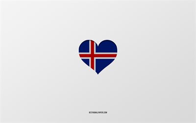 Mi piace l&#39;Islanda, i paesi Europei, l&#39;Islanda, sfondo grigio, Islanda, bandiera, cuore, paese preferito, Amore Islanda