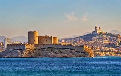 Chateau dIf, linnoitus, Marseille, ilta, auringonlasku, Marseillen kaupunkikuvan, Marseillenlahti, Ranska