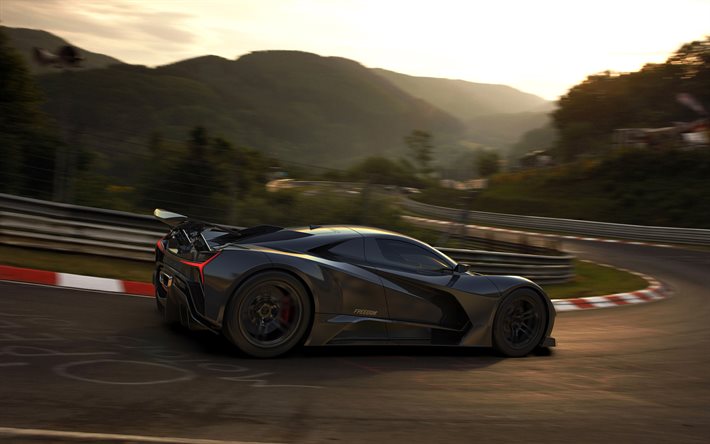Elation Freedom, 2020, exterior, side view, black hypercar, american supercars, race track, Elation Hypercars