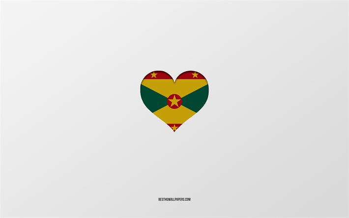J&#39;aime la Grenade, pays d&#39;Am&#233;rique du Sud, Grenade, fond gris, coeur de drapeau Grenade, pays pr&#233;f&#233;r&#233;, amour Grenade