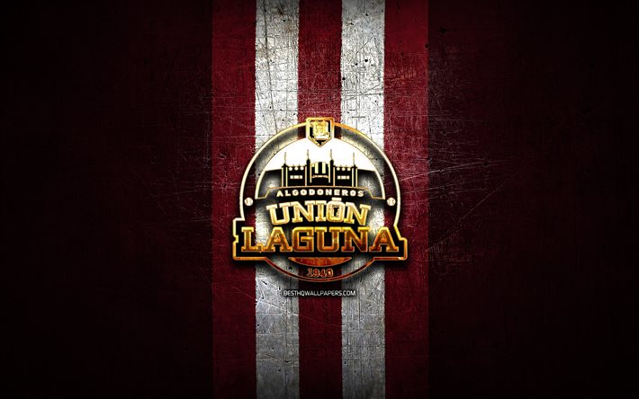 Algodoneros de Union Laguna, golden logo, LMB, purple metal background, mexican baseball team, Mexican Baseball League, Algodoneros de Union Laguna logo, baseball, Mexico