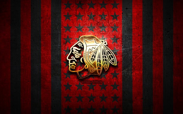 Chicago Blackhawksin lippu, NHL, punainen musta metallitausta, amerikkalainen j&#228;&#228;kiekkojoukkue, Chicago Blackhawks-logo, USA, j&#228;&#228;kiekko, kultainen logo, Chicago Blackhawks