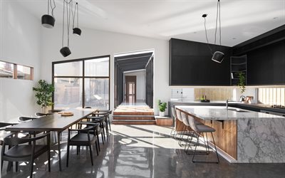 stile moderno di interni della cucina, sala da pranzo, mobili neri in cucina, stile loft, interni eleganti, design moderno, cucina, lampade nere
