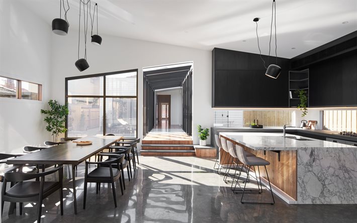 estilo moderno do interior da cozinha, sala de jantar, m&#243;veis pretos na cozinha, estilo loft, interior elegante, design moderno, cozinha, l&#226;mpadas pretas
