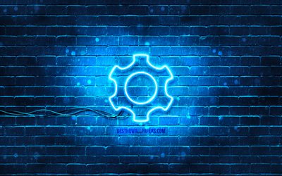 رمز جير النيون, 4 ك, الخلفية الزرقاء, رموز النيون, جير, أيقونات النيون, علامة العتاد, علامات التكنولوجيا, علامة الترس, أيقونات التكنولوجيا