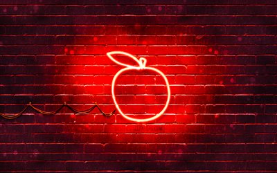 赤いアップルのネオンアイコン, 4k, 赤い背景, ネオン記号, 赤いリンゴ, ネオンアイコン, アップルサイン, 食品の兆候, Apple 用アイコン, 食品アイコン