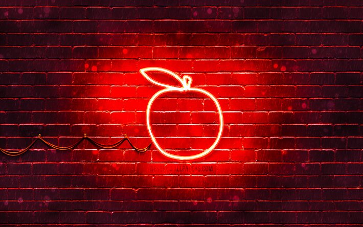rotes apfel-neon-symbol, 4k, roter hintergrund, neon-symbole, roter apfel, apple-zeichen, lebensmittelzeichen, apple-symbol, lebensmittel-symbole