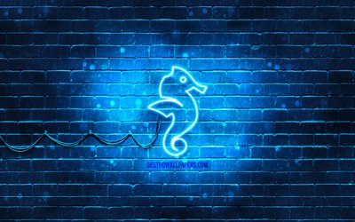 Icona al neon di cavalluccio marino, 4K, sfondo blu, simboli al neon, cavalluccio marino, icone al neon, segno di cavalluccio marino, segni di animali, icona di cavalluccio marino, icone di animali