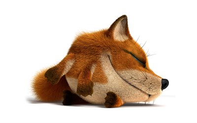 raposa adormecida, 4k, fundos brancos, animais 3D, raposa 3D de desenho animado, animais engra&#231;ados, raposa