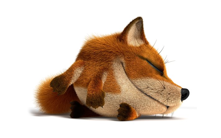 sleeping fox, 4k, white backgrounds, 3D animals, cartoon 3D fox, funny animals, fox
