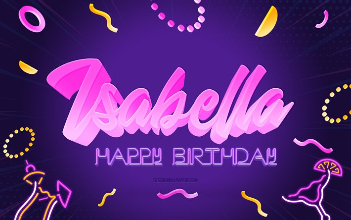 Hyv&#228;&#228; syntym&#228;p&#228;iv&#228;&#228; Isabella, 4k, Purple Party Background, Isabella, creative art, Happy Isabella birthday, Isabella name, Isabella Birthday, Birthday Party Background
