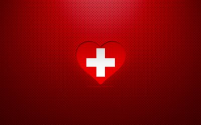 Amo la Svizzera, 4K, Europa, sfondo rosso punteggiato, cuore della bandiera svizzera, Svizzera, paesi preferiti, bandiera svizzera