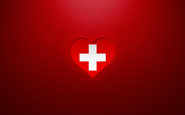 ich liebe die schweiz, 4k, europa, rot gepunkteter hintergrund, schweizer flaggenherz, schweiz, lieblingsl&#228;nder, liebe schweiz, schweizer flagge