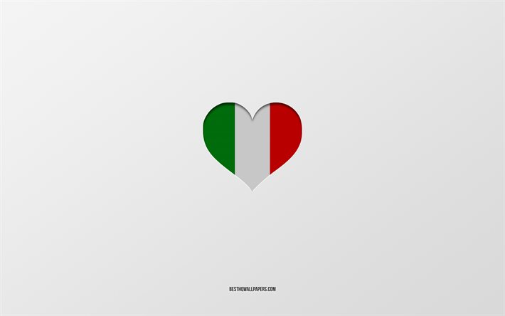 J&#39;aime l&#39;Italie, les pays europ&#233;ens, l&#39;Italie, fond gris, le coeur du drapeau de l&#39;Italie, le pays pr&#233;f&#233;r&#233;, l&#39;amour de l&#39;Italie