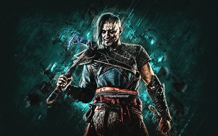 Ivarr, o desossado, Assassins Creed, Ivarr Ragnarsson, fundo de pedra azul, futebol, personagens de Assassins Creed