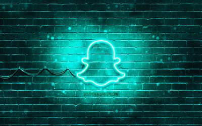 Logo turchese Snapchat, 4k, muro di mattoni turchese, logo Snapchat, marchi, logo neon Snapchat, Snapchat