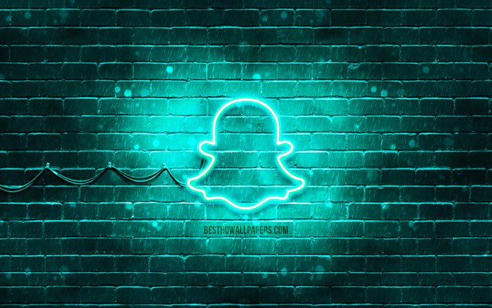 Snapchat turkuaz logosu, 4k, turkuaz brickwall, Snapchat logosu, markalar, Snapchat neon logosu, Snapchat