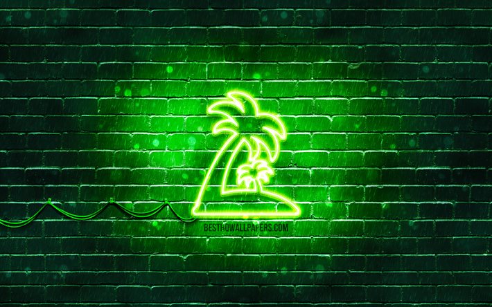 رمز النيون جزيرة استوائية, 4 ك, خلفية خضراء, رموز النيون, الجزيرة الاستوائية, أيقونات النيون, علامة الجزيرة الاستوائية, علامات الطبيعة, رمز الجزيرة الاستوائية, أيقونات الطبيعة