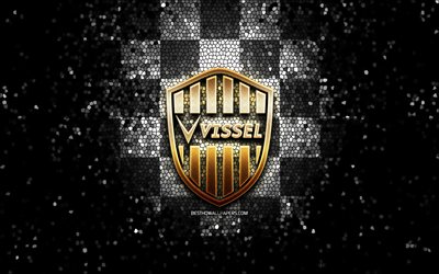 Vissel Kobe FC, kimallelogo, J1 League, mustavalkoinen ruutuinen tausta, jalkapallo, japanilainen jalkapalloseura, Vissel Kobe -logo, mosaiikkitaide, Vissel Kobe