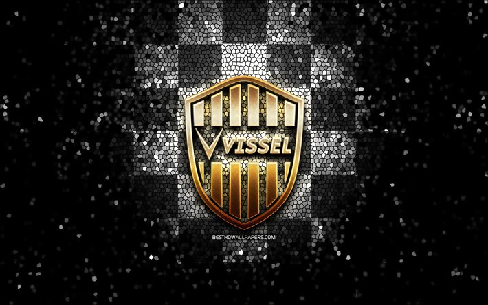 Vissel Kobe FC, logo glitter, J1 League, sfondo a scacchi bianco nero, calcio, squadra di calcio giapponese, logo Vissel Kobe, arte del mosaico, Vissel Kobe
