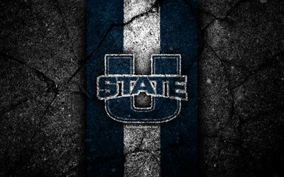 Utah State Aggies, 4k, american football team, NCAA, blue white stone, USA, asphalt texture, american football, Utah State Aggies logo
