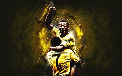 Pele, Jairzinho, Jair Ventura Filno, squadra nazionale di calcio del Brasile, sfondo di pietra gialla, calcio, Brasile