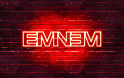 Eminem logo rosso, 4k, superstar, rapper americano, muro di mattoni rossi, logo Eminem, Marshall Bruce Mathers III, Eminem, star della musica, logo neon Eminem