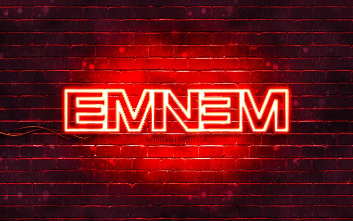 Eminem red logo, 4k, superstars, american rapper, red brickwall, Eminem logo, Marshall Bruce Mathers III, Eminem, music stars, Eminem neon logo