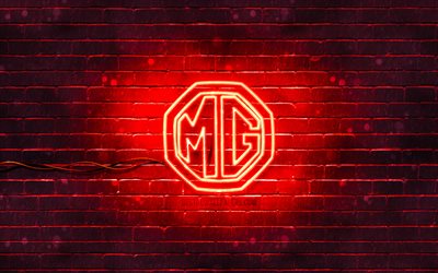 MG red logo, 4k, red brickwall, MG logo, cars brands, MG neon logo, MG