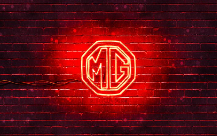 MG kırmızı logo, 4k, kırmızı brickwall, MG logosu, araba markaları, MG neon logo, MG