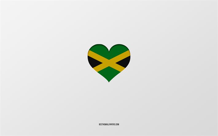 J&#39;aime la Jama&#239;que, les pays d&#39;Am&#233;rique du Sud, la Jama&#239;que, fond gris, le coeur du drapeau de la Jama&#239;que, le pays pr&#233;f&#233;r&#233;, l&#39;amour de la Jama&#239;que