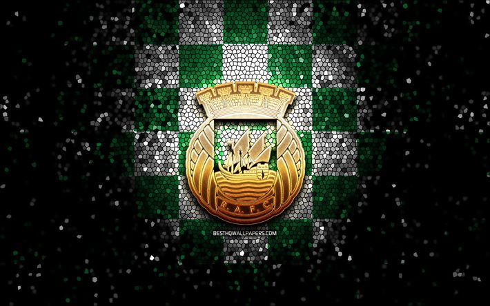Rio Ave FC, parlak logo, Primeira Liga, yeşil beyaz damalı arka plan, futbol, Portekiz futbol kul&#252;b&#252;, Rio Ave logosu, mozaik sanatı, Rio Ave