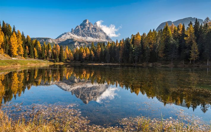 Lac Antorno, 4k, automne, Dolomites, montagnes, Alpes, belle nature, Italie, Europe