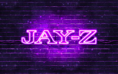 Logotipo violeta de Jay-Z, 4k, superestrelas, rapper americano, parede de tijolos violeta, logotipo de Jay-Z, Shawn Corey Carter, Jay-Z, estrelas da m&#250;sica, logotipo de n&#233;on de Jay-Z