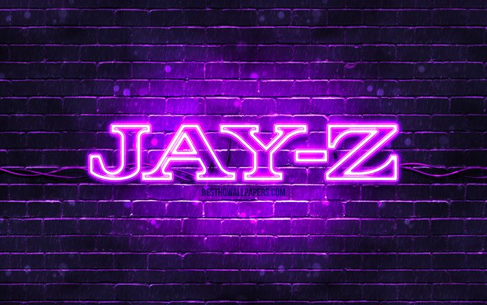 Jay-Z violetti-logo, 4k, supert&#228;hdet, amerikkalainen r&#228;pp&#228;ri, violetti tiilisein&#228;, Jay-Z-logo, Shawn Corey Carter, Jay-Z, musiikkit&#228;hdet, Jay-Z-neonlogo
