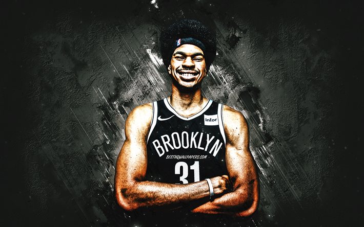 Jarrett Allen, Brooklyn Nets, NBA, american basketball player, portrait, gray stone background, basketball