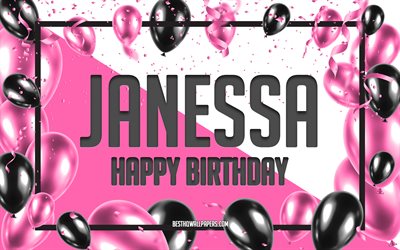 Happy Birthday Janessa, Birthday Balloons Background, Janessa, wallpapers with names, Janessa Happy Birthday, Pink Balloons Birthday Background, greeting card, Janessa Birthday