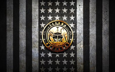 علم Tacoma Defiance, USL, خلفية معدنية بيضاء سوداء, نادي كرة القدم الأمريكي, شعار Tacoma Defiance, الولايات المتحدة الأمريكية, كرة قدم, تاكوما ديفيانس إف سي, الشعار الذهبي