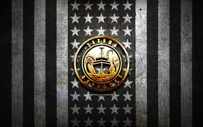 Tacoma Defiance flag, USL, black white metal background, american soccer club, Tacoma Defiance logo, USA, soccer, Tacoma Defiance FC, golden logo