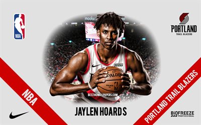 Jaylen Hoard, Portland Trail Blazers, joueur de basket-ball am&#233;ricain, NBA, portrait, USA, basket-ball, Moda Center, logo Portland Trail Blazers