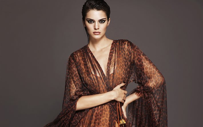 Kendall Jenner, american fashion model, portrait, beautiful brown dress, american supermodel