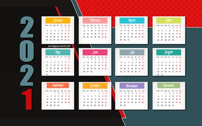 2021 Abstract red gray Calendar, gray mosaic background, 2021 all months calendar, 2021 concepts, 2021 New Year, 2021 Calendar