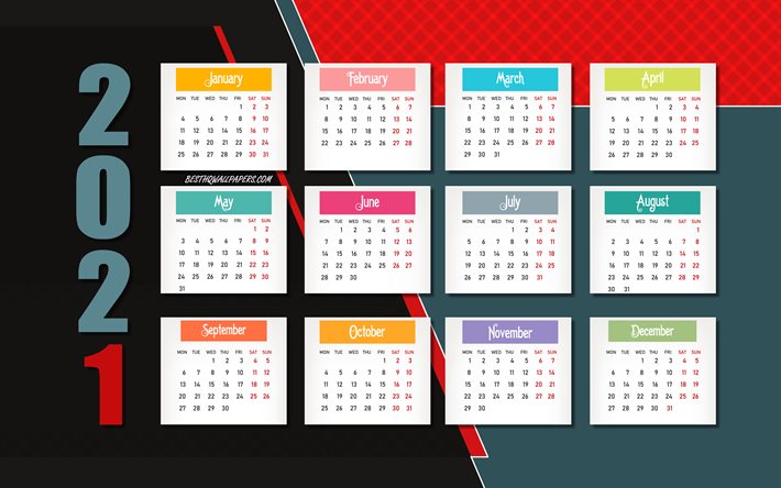 2021 Calendario rosso grigio astratto, sfondo grigio mosaico, 2021 calendario di tutti i mesi, concetti 2021, Capodanno 2021, Calendario 2021